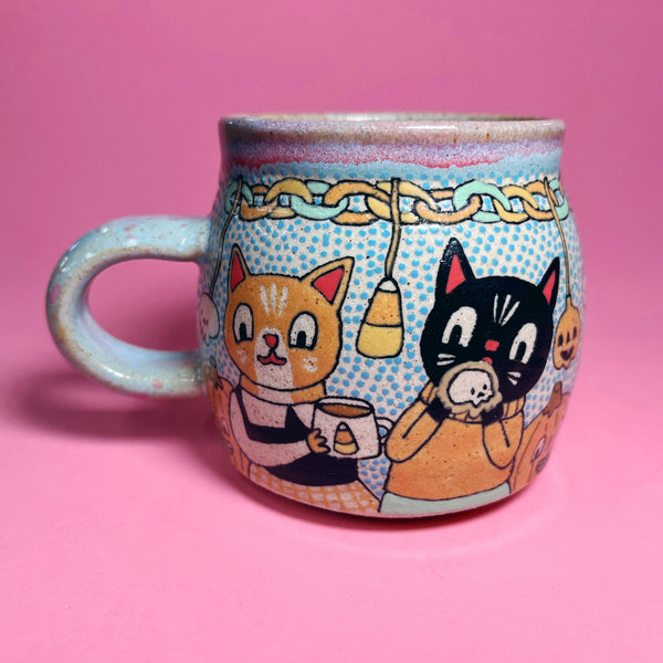 Ceramic Wheel Thrown Halloween Party Cats Mug 11.5oz