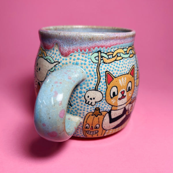 Ceramic Wheel Thrown Halloween Party Cats Mug 11.5oz