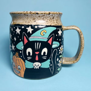 Ceramic Wheel Thrown Halloween Cat Owl Mug 15oz