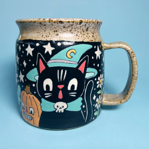 Ceramic Wheel Thrown Halloween Cat Owl Mug 15oz