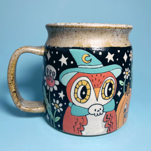 Ceramic Wheel Thrown Halloween Cat Owl Mug 15oz