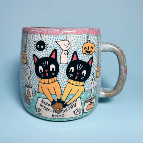 Ceramic Wheel Thrown Ouija Cats Mug 14oz