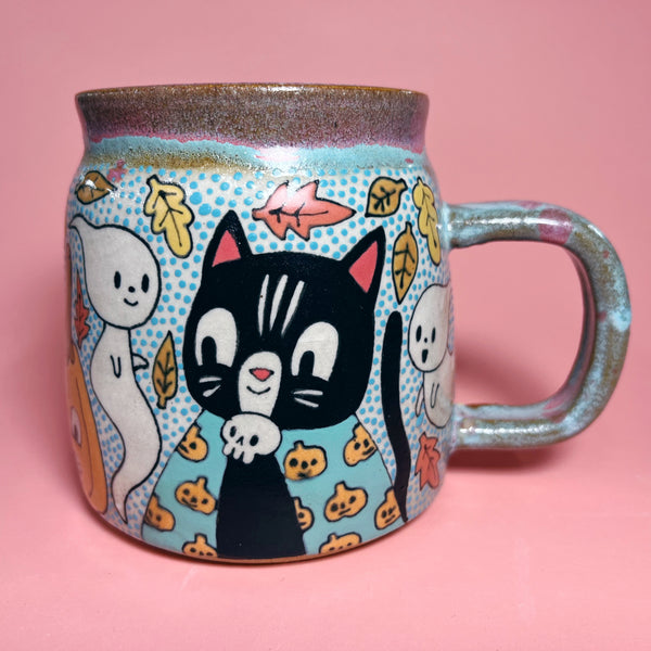 Ceramic Wheel Thrown Halloween Cats Mug 17oz