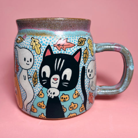 Ceramic Wheel Thrown Halloween Cats Mug 17oz