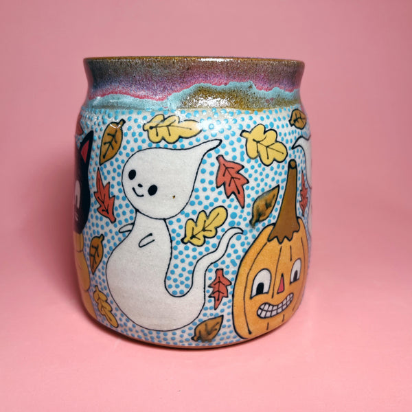 Ceramic Wheel Thrown Halloween Cats Mug 17oz