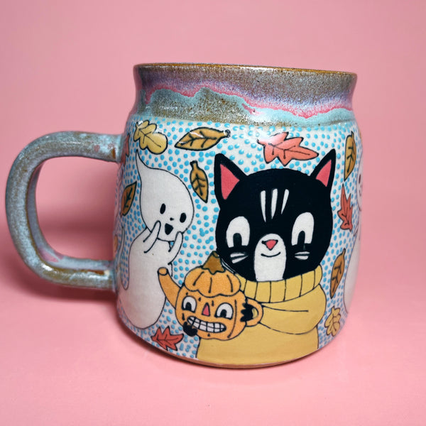 Ceramic Wheel Thrown Halloween Cats Mug 17oz