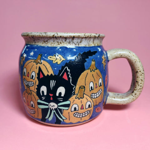 Ceramic Wheel Thrown Halloween Cat Mug 11.5oz