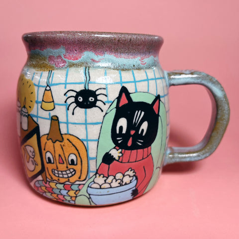 Ceramic Wheel Thrown Spooky Movies Cat Mug 14oz