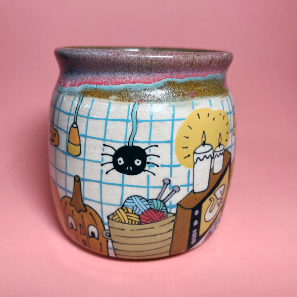 Ceramic Wheel Thrown Spooky Movies Cat Mug 14oz