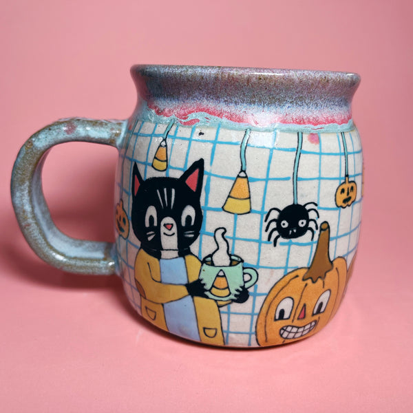 Ceramic Wheel Thrown Spooky Movies Cat Mug 14oz
