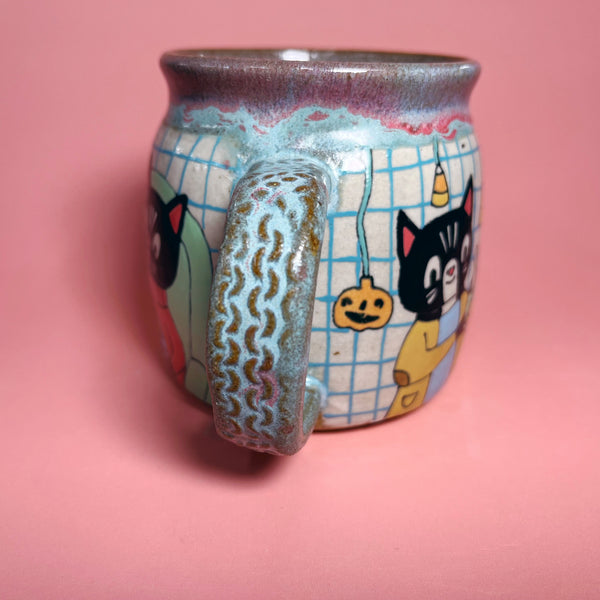 Ceramic Wheel Thrown Spooky Movies Cat Mug 14oz