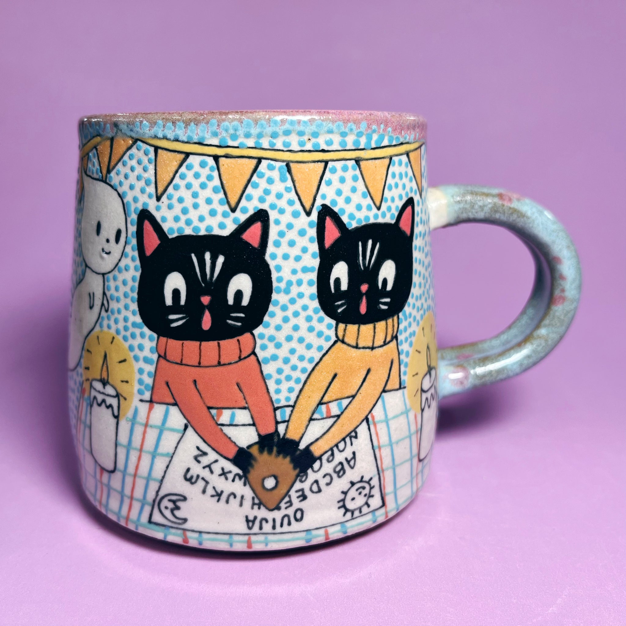 Ceramic Wheel Thrown Ouija Cats Mug 13oz