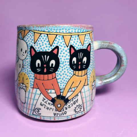 Ceramic Wheel Thrown Ouija Cats Mug 13oz