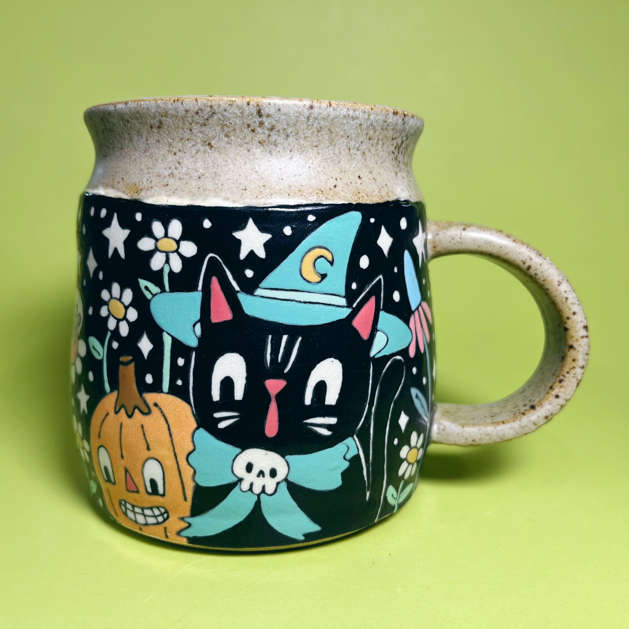 Ceramic Wheel Thrown Halloween Cat Owl Mug 15.5oz