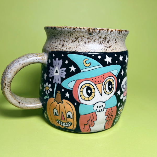 Ceramic Wheel Thrown Halloween Cat Owl Mug 15.5oz