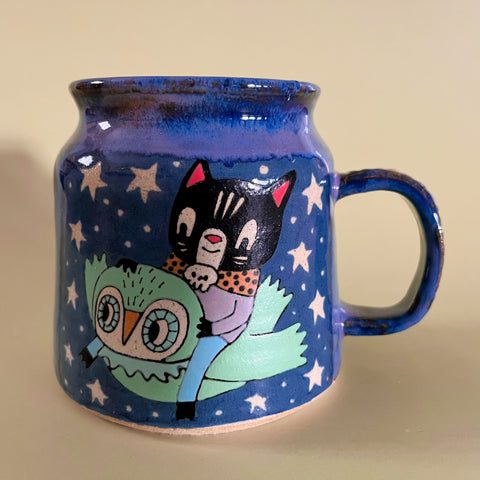 Ceramic Wheel Thrown Cat Owl Mug 16.5oz