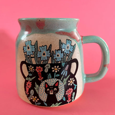 Ceramic Wheel Thrown Cat Vase Mug 15oz