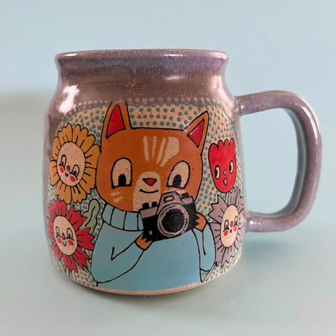 Ceramic Wheel Thrown Camera Cat Mug 16oz