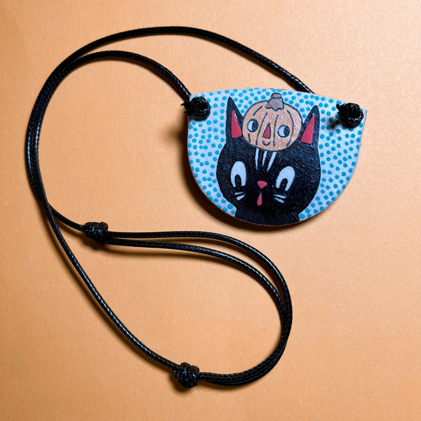 Ceramic Hand Built Cat Pumpkin Necklace 14-24" adjustable cord