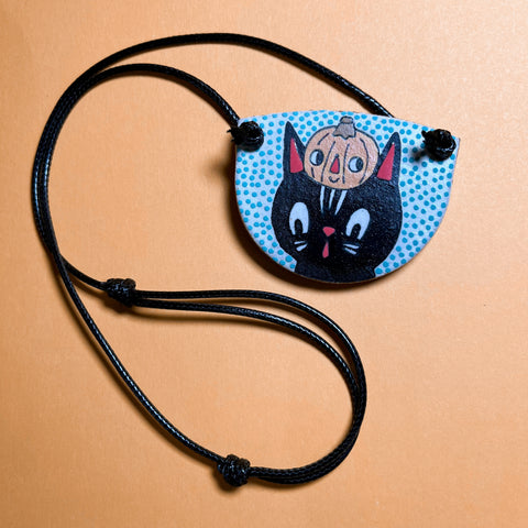 Ceramic Hand Built Cat Pumpkin Necklace 14-24" adjustable cord