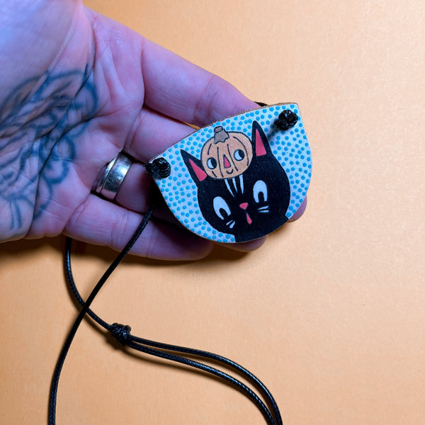 Ceramic Hand Built Cat Pumpkin Necklace 14-24" adjustable cord