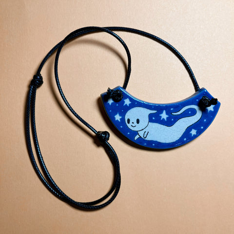 Ceramic Hand Built Ghost Necklace 14-24" adjustable cord