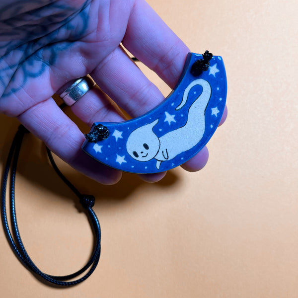 Ceramic Hand Built Ghost Necklace 14-24" adjustable cord
