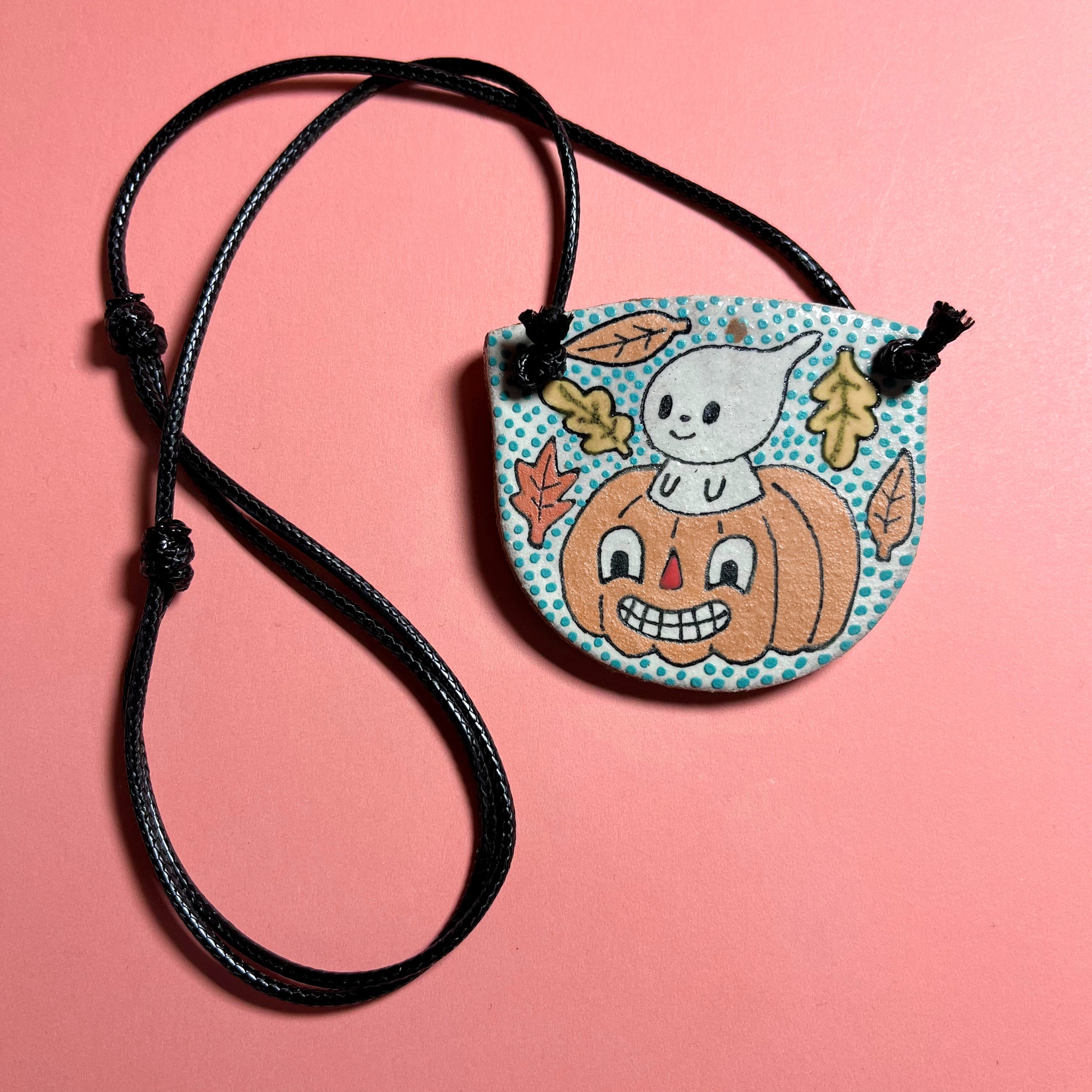 Ceramic Hand Built Ghost Necklace 14-24" adjustable cord