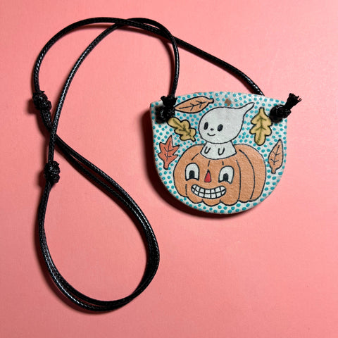 Ceramic Hand Built Ghost Necklace 14-24" adjustable cord