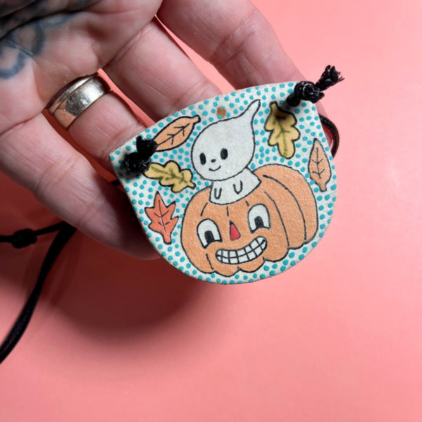 Ceramic Hand Built Ghost Necklace 14-24" adjustable cord