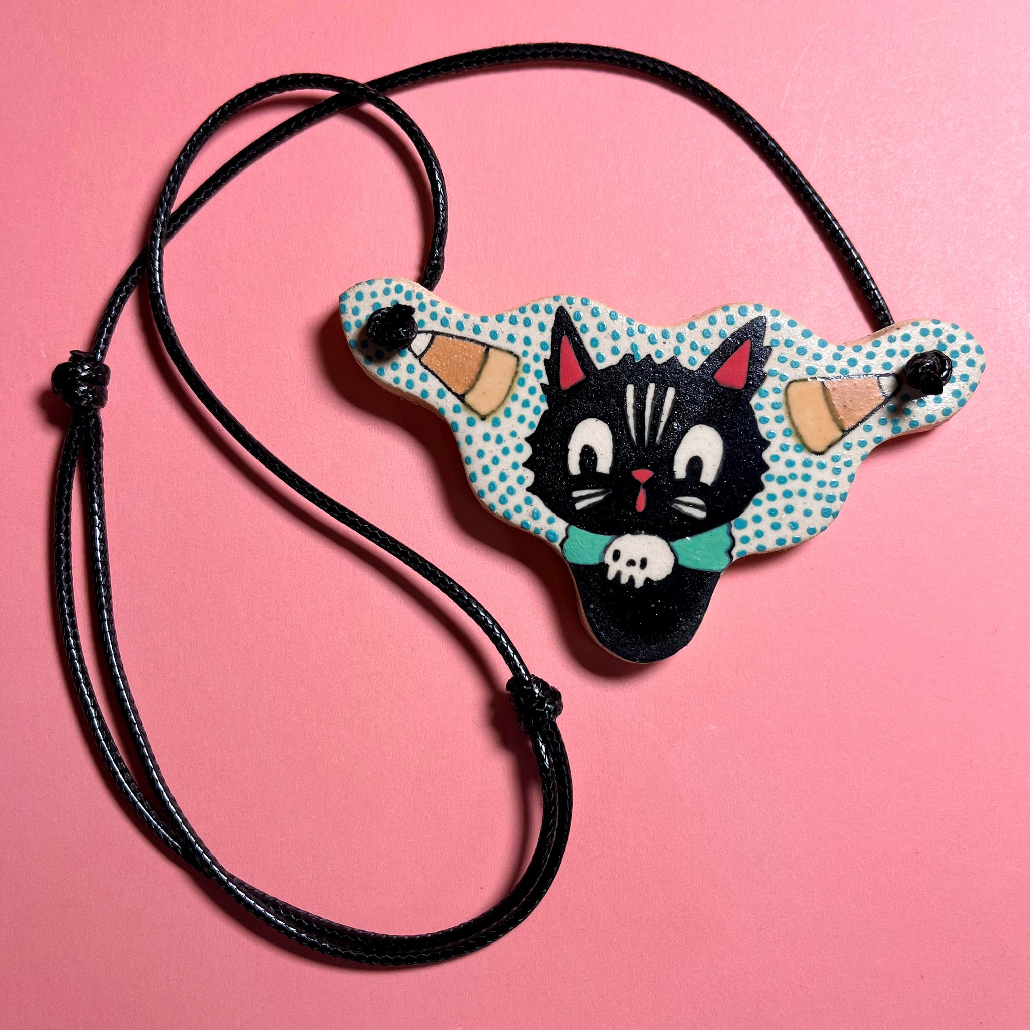 Ceramic Hand Built Halloween Cat Candycorn Necklace 14-24" adjustable cord