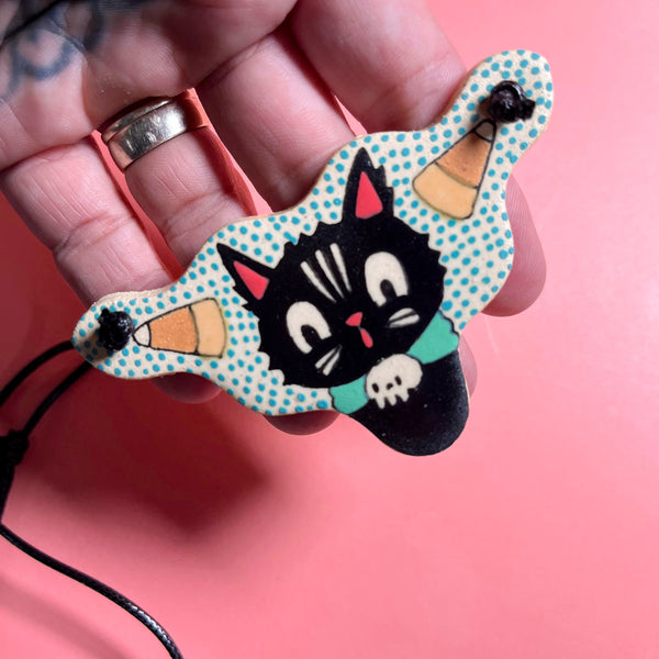 Ceramic Hand Built Halloween Cat Candycorn Necklace 14-24" adjustable cord