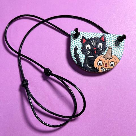 Ceramic Hand Built Cat Pumpkin Necklace 14-24" adjustable cord