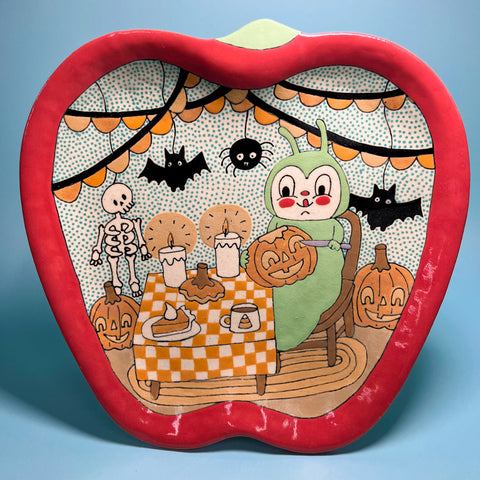 Ceramic Hand Built Halloween Apple Plate 7.5"