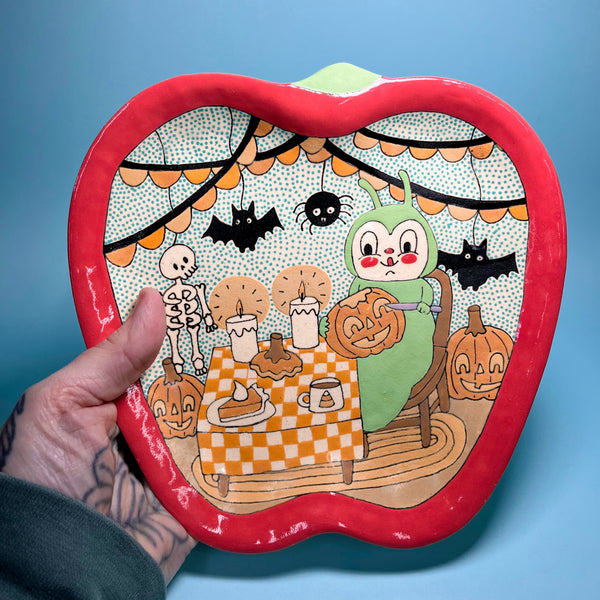 Ceramic Hand Built Halloween Apple Plate 7.5"