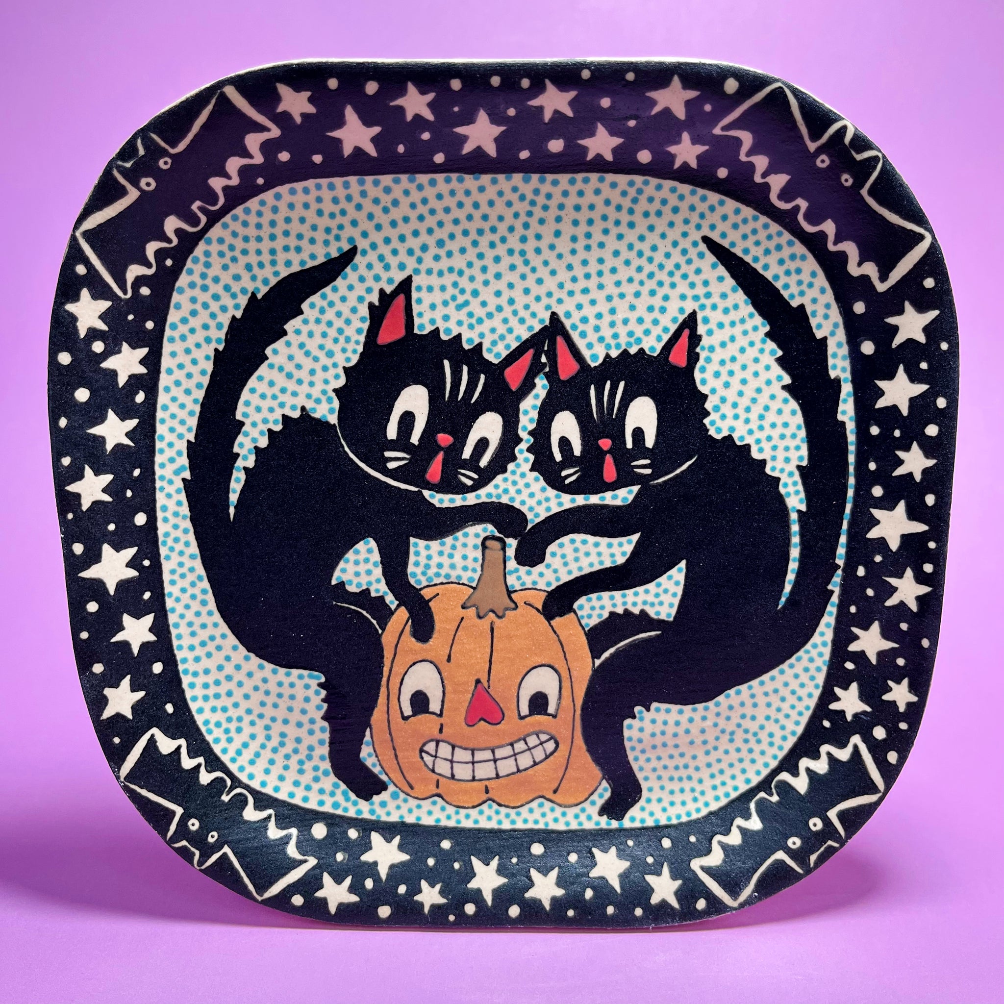 Ceramic Hand Built Halloween Cats Plate 6.25"