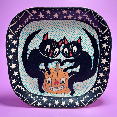 Ceramic Hand Built Halloween Cats Plate 6.25"