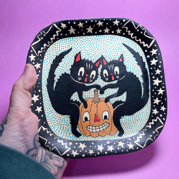 Ceramic Hand Built Halloween Cats Plate 6.25"