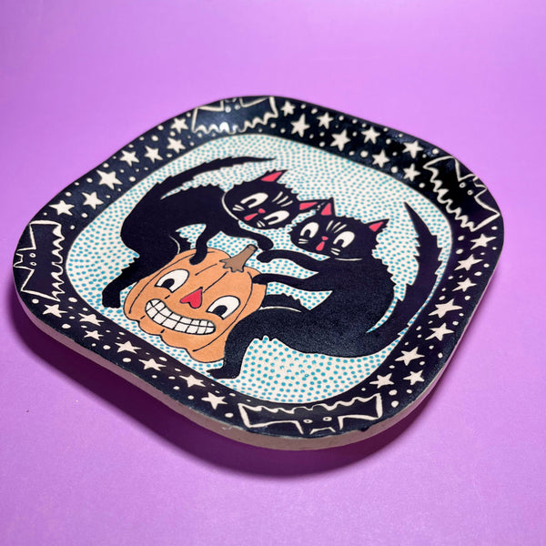 Ceramic Hand Built Halloween Cats Plate 6.25"