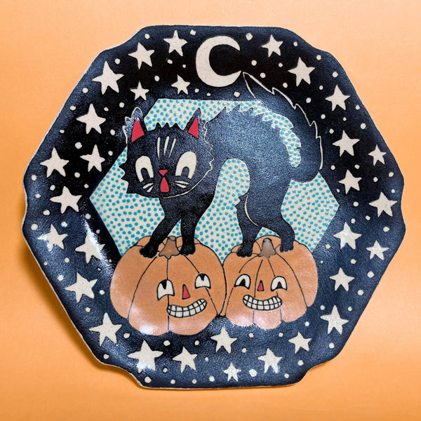 Ceramic Hand Built Halloween Cat Plate 6.5"