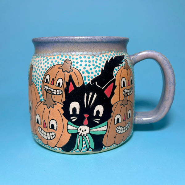 Ceramic Wheel Thrown Halloween Cat Mug 14oz