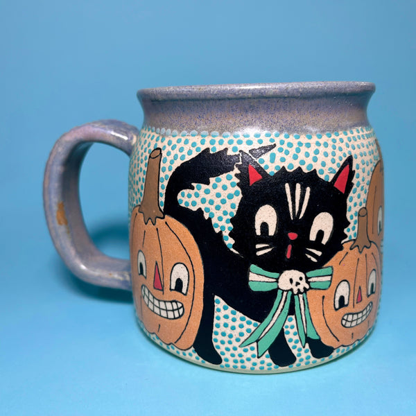 Ceramic Wheel Thrown Halloween Cat Mug 14oz