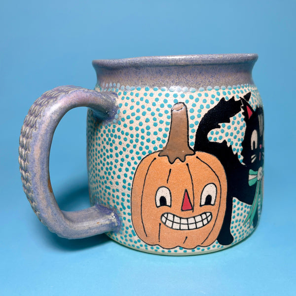 Ceramic Wheel Thrown Halloween Cat Mug 14oz