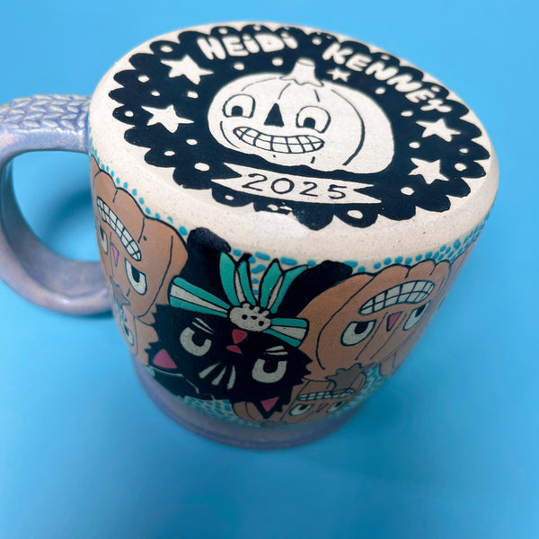Ceramic Wheel Thrown Halloween Cat Mug 14oz