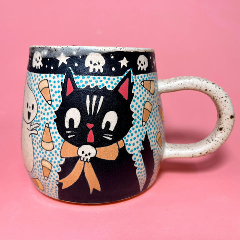 Ceramic Wheel Thrown Halloween Cat Mug 15oz
