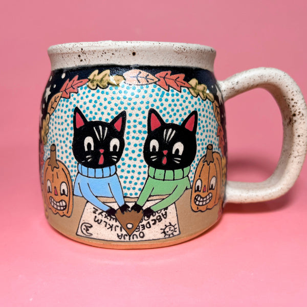 Ceramic Wheel Thrown Ouija Cats Mug 13oz