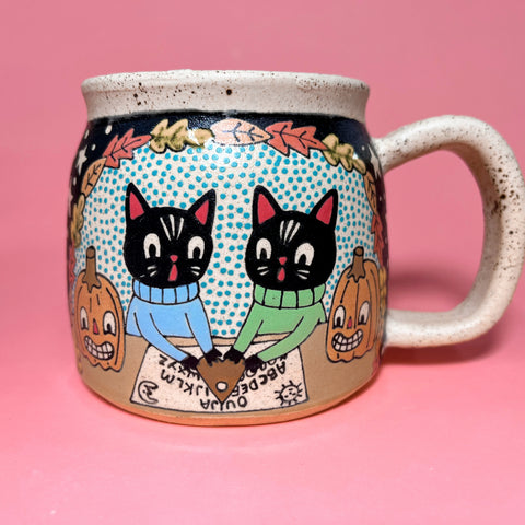 Ceramic Wheel Thrown Ouija Cats Mug 13oz