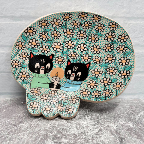 Ceramic Hand Built Cat Flower Skull Dish 5x6"