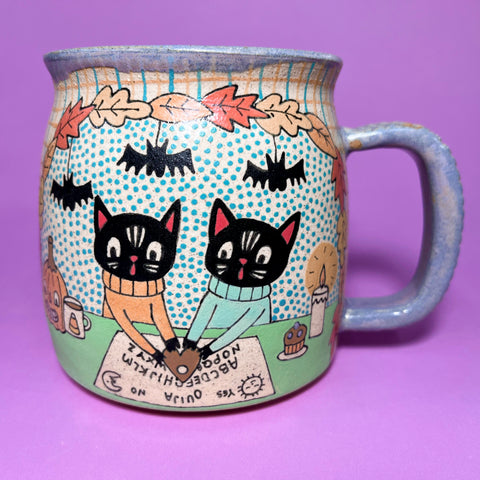 Ceramic Wheel Thrown Ouija Cats Mug 16oz