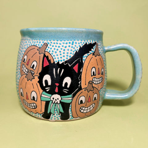 Ceramic Wheel Thrown Halloween Cat Mug 15oz